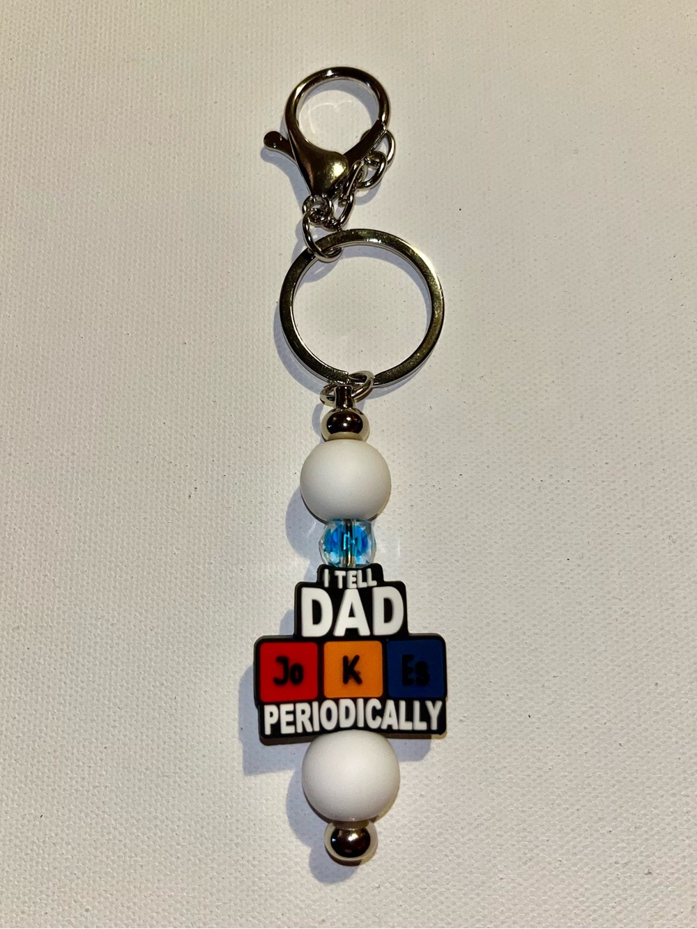 ‘I Tell Dad Jokes Periodically’ Keychain w/ Multicolor Charm & White & Blue Bead